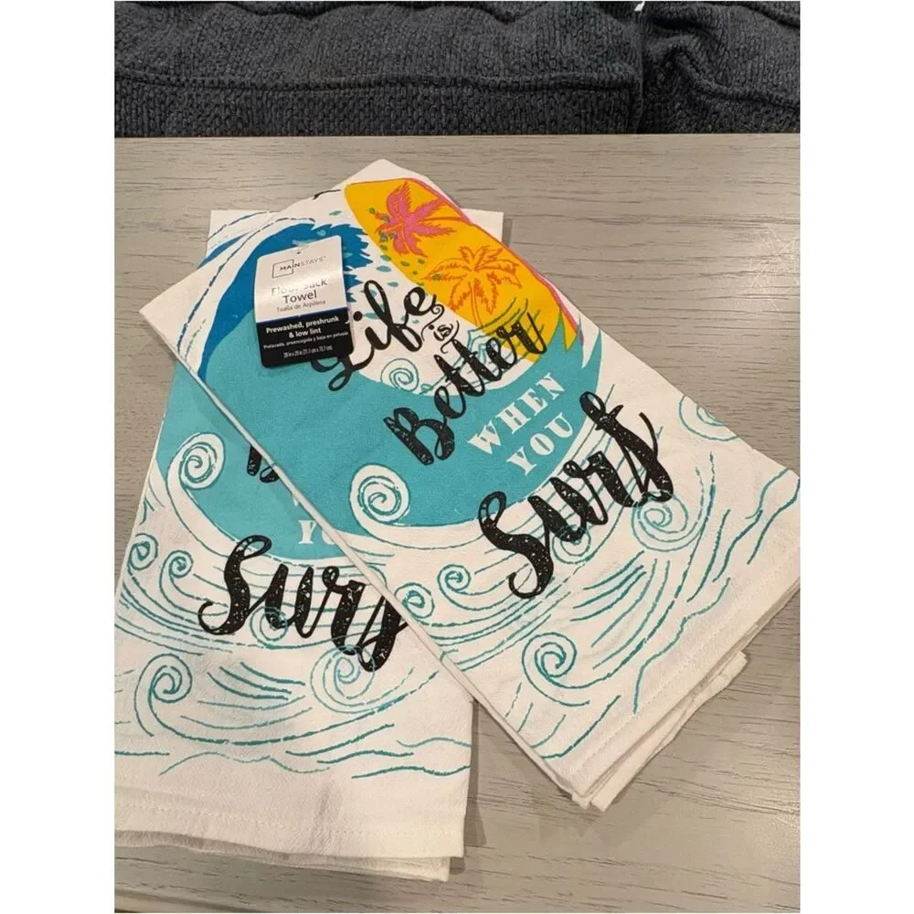 Mainstays Surf Kitchen Two Towels in White, Blue, Yellow